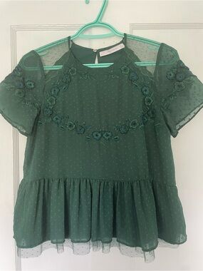 Zara Green Floral Embroidered Peplum Blouse